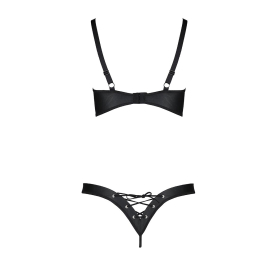Комплект Passion CELINE BIKINI 2XL/3XL black відкритий бра з стрічками стрінги з шнурівкою, екошкіра - - фото №4