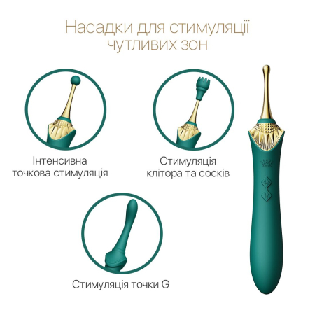 Вагінально-кліторальний вібратор Zalo — Bess Turquoise Green, багатофункціональний із насадками - фото №4
