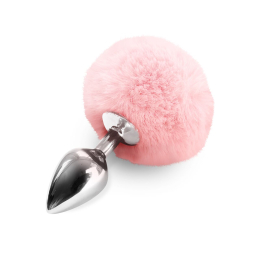 Металевий анальний затор М Art of Sex - Metal Butt plug Rabbit Tail, Ніжно-рожевий - фото