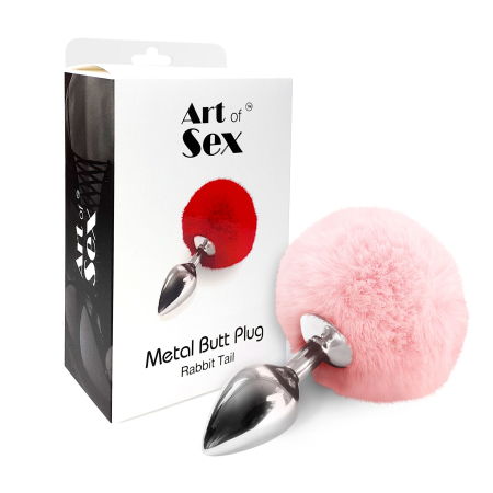 Металевий анальний затор М Art of Sex - Metal Butt plug Rabbit Tail, Ніжно-рожевий - фото №3