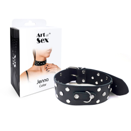 Нашийник з натуральної шкіри із заклепками та стразами Art of Sex - Jenna Collar, Чорний - - фото №3