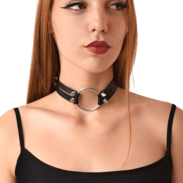 Чокер із металевим кільцем та шипами з натуральної шкіри Art of Sex - Ruby, колір Чорний - фото