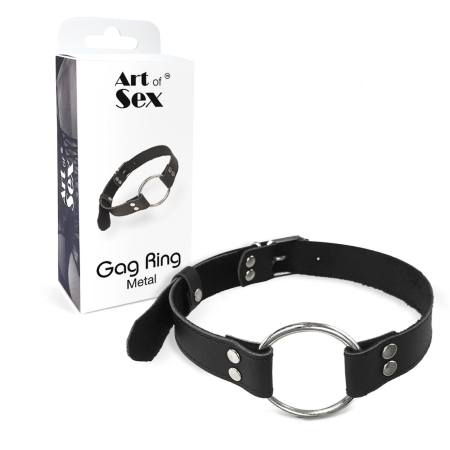 Кляп металеве кільце на ременях Art of Sex – Gag Ring Metal, чорний, натуральна шкіра - фото №3