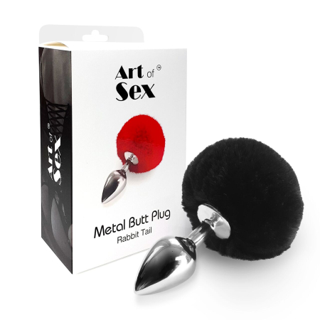 Металевий анальний затор М Art of Sex - Metal Butt plug Rabbit Tail, Чорний №3