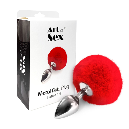 Металевий анальний затор М Art of Sex - Metal Butt plug Rabbit Tail, Червоний №3