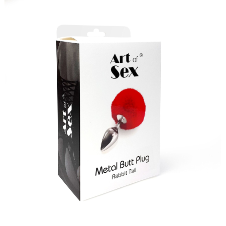 Металевий анальний затор М Art of Sex - Metal Butt plug Rabbit Tail, Червоний №4