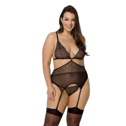 Корсет із пажами Passion AMBERLY CORSET 4XL/5XL, black, асиметричний крій, мережива, стрінги - фото