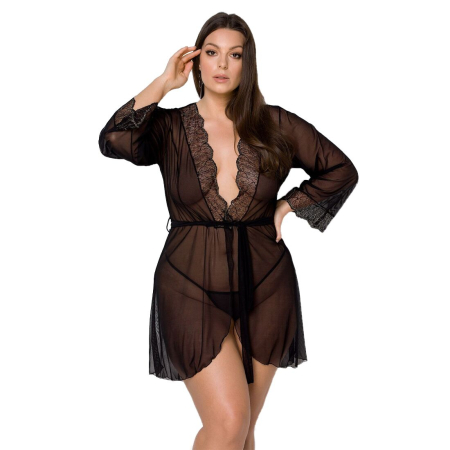 Пеньюар Passion AMBERLY PEIGNOIR 4XL/5XL, black, ажурні декольте та манжети, широкі рукави - фото