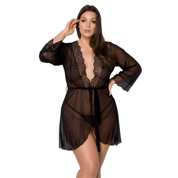 Пеньюар Passion AMBERLY PEIGNOIR 4XL/5XL, black, ажурні декольте та манжети, широкі рукави - фото