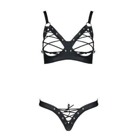 Комплект з екошкіри Passion CELINE BIKINI 4XL/5XL black, відкритий бра, стрінги зі шнурівкою - фото №3