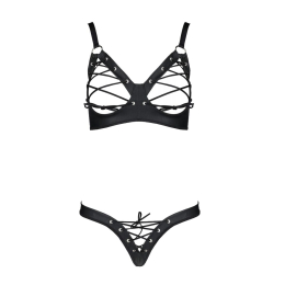 Комплект з екошкіри Passion CELINE BIKINI 6XL/7XL black, відкритий бра, стрінги зі шнурівкою - - фото №3