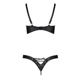Комплект з екошкіри Passion CELINE BIKINI 6XL/7XL black, відкритий бра, стрінги зі шнурівкою - - фото №4