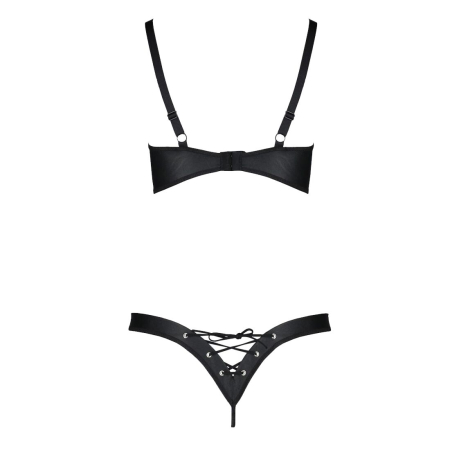 Комплект з екошкіри Passion CELINE BIKINI 6XL/7XL black, відкритий бра, стрінги зі шнурівкою - фото №4