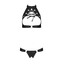 Комплект із екошкіри Passion MALWIA SET with Open Bra 4XL/5XL black, топ та трусики з люверсами - - фото №3