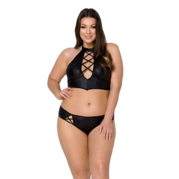 Комплект з екошкіри Passion NANACY BIKINI 4XL/5XL black, бра та трусики з імітацією шнурівки - фото