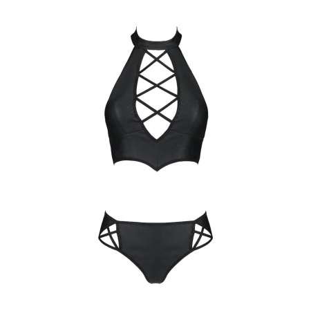Комплект з екошкіри Passion NANACY BIKINI 4XL/5XL black, бра та трусики з імітацією шнурівки - фото №3