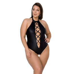 Боді з екошкіри Passion NANCY BODY 4XL/5XL black, з імітацією шнурівки та відкритим доступом - фото