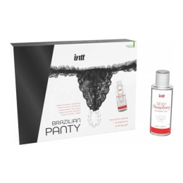 Набір Intt BRAZILIAN PANTY BLACK: трусики на резинці S-XL з перлинним кільцем + полунична змазка - - фото №2