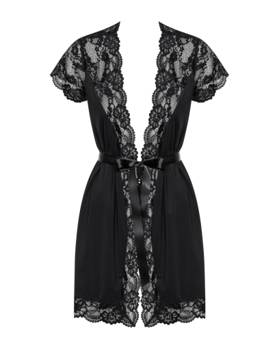 Сатиновий відкритий пеньюар на поясі Obsessive 810-PEI–1 peignoir black 2XL/3XL, чорний - фото №5