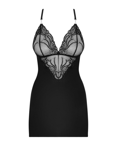 Сатиновий комплект для сну з мереживом Obsessive 828-CHE-1 chemise & thong L/XL, чорний, сорочка - фото №5