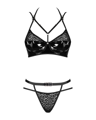 Еротичний комплект під латекс зі стрепами Obsessive Bagirela 2-pcs set S/M, чорний, під леопард, бюс - фото №5