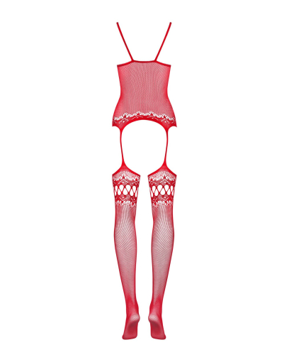 Бодістокінг Obsessive Bodystocking F214 red S/M/L, імітація корсета та панчіх на підв’язках - фото №6