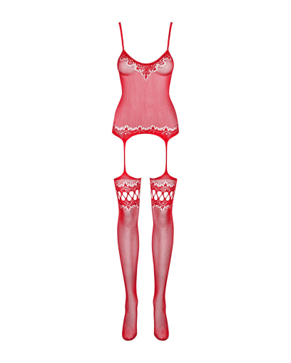 Бодістокінг Obsessive Bodystocking F214 red S/M/L, імітація корсета та панчіх на підв’язках - фото №5