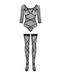 Бодістокінг Obsessive Bodystocking G320 S/M/L, панчохи, боді, декор у вигляді ліній - №5