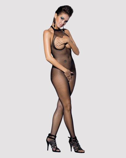 Бодістокінг із дрібної сітки з відкритими грудьми та доступом Obsessive Bodystocking N101 S/M/L, чор - фото №2