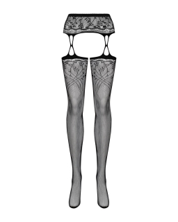 Панчохи-стокінги з рослинним малюнком Obsessive Garter stockings S206 black S/M/L чорні, імітація га - - фото №5