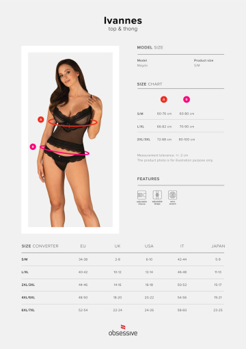 Напівпрозорий набір з прикрасами Obsessive Ivannes top & thong S/M, чорний, топ та танга - фото №7