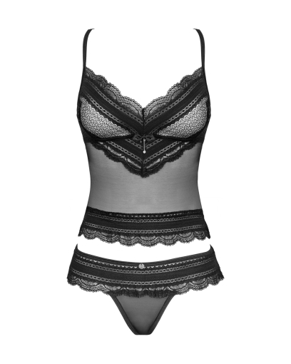 Напівпрозорий набір з прикрасами Obsessive Ivannes top & thong 2XL/3XL, чорний, топ та танга - фото №5