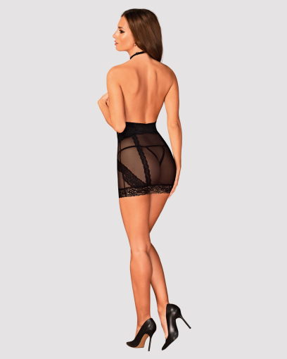 Напівпрозора сорочка з відкритими грудьми Obsessive Lacrisia chemise XL/2XL, чорна, з чокером - фото №4