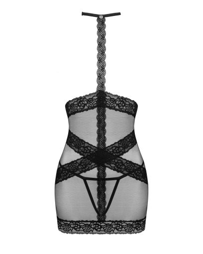 Напівпрозора сорочка з відкритими грудьми Obsessive Lacrisia chemise XL/2XL, чорна, з чокером - фото №5
