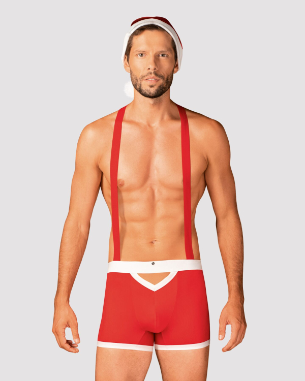 Чоловічий еротичний костюм Санта-Клауса Obsessive Mr Claus L/XL, боксери на підтяжках, шапочка з пом - фото