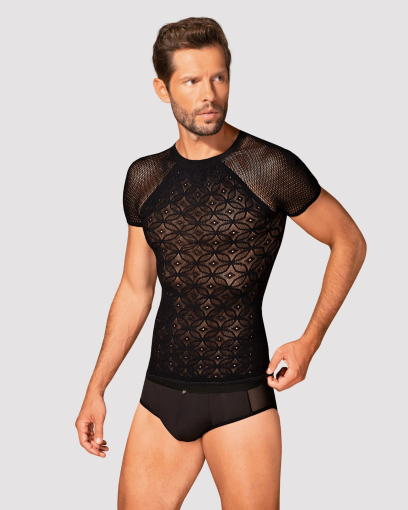 Чоловіча напівпрозора футболка з орнаментом Obsessive T102 T-shirt S/M/L, чорна 