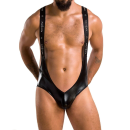 Чоловіче відкрите боді Passion 027 BRUNO S/M Black, під латекс, на шлейках - фото