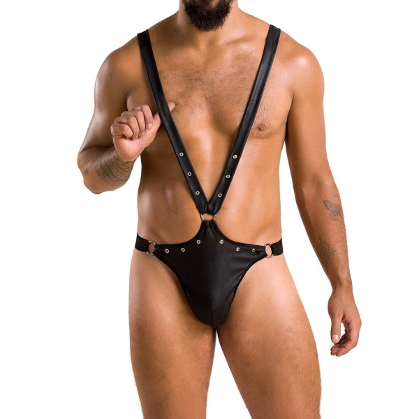 Чоловіче боді з люверсами Passion 028 HARRY S/M Black, екошкіра, на шлейках 
