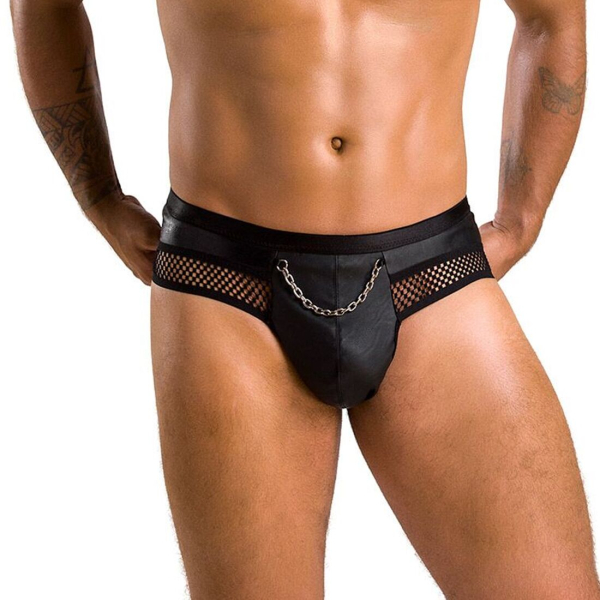 Чоловічі труси з ланцюжком Passion 030 SLIP TOM L/XL Black, екошкіра, відкриті сідниці 