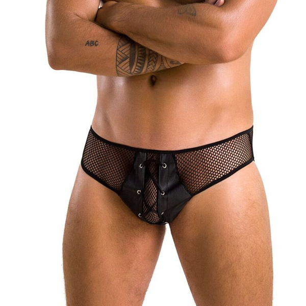 Чоловічі труси зі шнурівкою Passion 035 SLIP RICHARD XXL/XXXL Black, екошкіра, сітка - фото