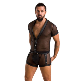 Комплект сітчастої чоловічої білизни Passion 052 SET MICHAEL L/XL black, сорочка, боксери, заклепки - - фото №3