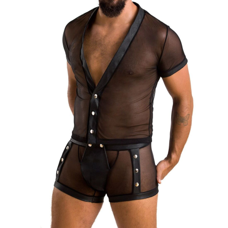 Комплект сітчастої чоловічої білизни Passion 052 SET MICHAEL 2XL/3XL black сорочка, боксери заклепки - фото