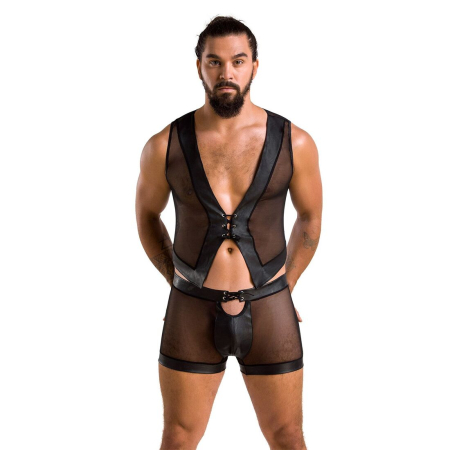Комплект чоловічої білизни на шнурівці Passion 053 SET WILLIAM S/M Black, жилет, боксери - фото №3