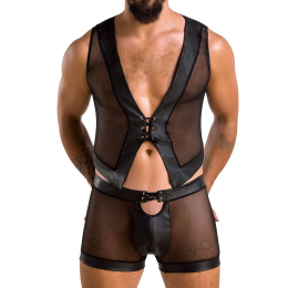 Комплект чоловічої білизни на шнурівці Passion 053 SET WILLIAM XXL/XXXL Black, жилет, боксери - фото