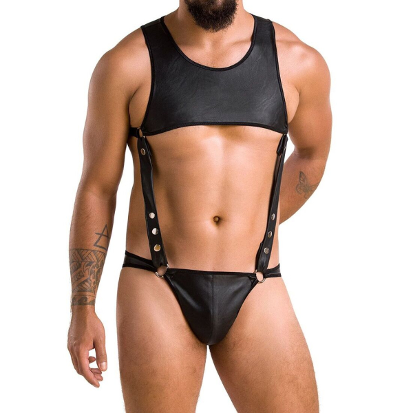 Чоловіче шкіряне боді Passion 056 ADAM L/XL Black, заклепки 