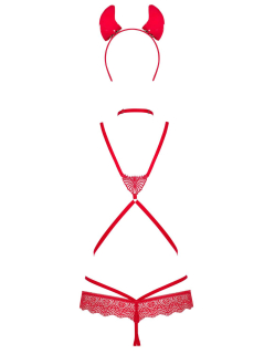 Еротичний костюм чортика зі стреп Obsessive Evilia teddy red S/M, боді, чокер, накладки на соски, обруч з ріжками - - фото №4