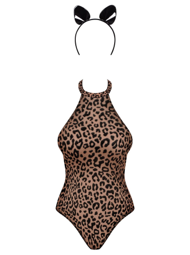 Еротичний костюм леопарда Obsessive Leocatia teddy L/XL, боді, обруч з вушками - фото №3