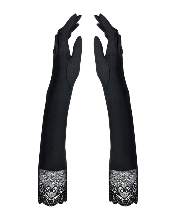 Високі рукавички з каменями та мереживом Obsessive Miamor gloves, black - фото