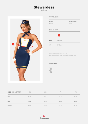 Еротичний костюм стюардеси Obsessive Stewardess uniform XS/S, blue, сукня, пілотка, шарф, манжети - фото №5
