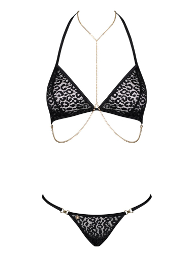 Комплект із ланцюжками Obsessive Pantheria 2-pcs set black L/XL, бюстгальтер, трусики - фото №3